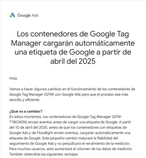 Texto del correo del cambio en Google Tag Manager para Google Ads