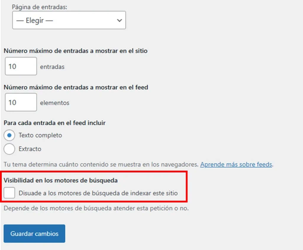 Configuración que bloquea la indexación
