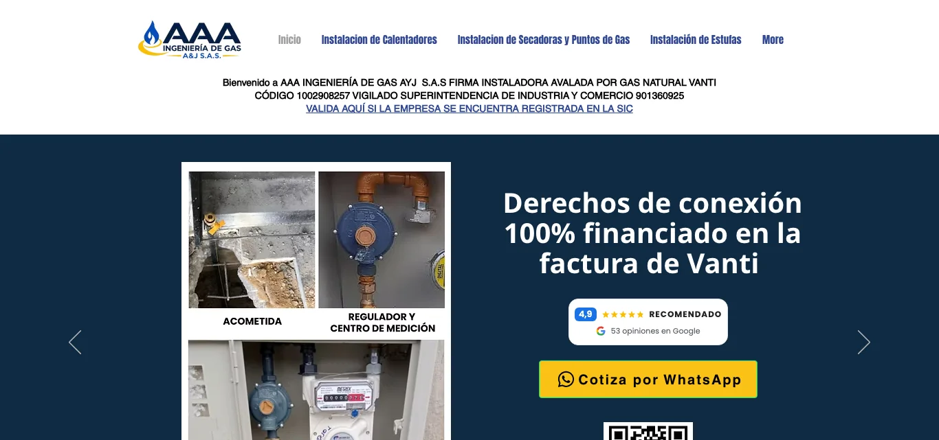 Página web de AAA Ingeniería de Gas con el aval de la empresa, el enlace para validar el registro, la oferta de derechos de conexión y la calificación de Google