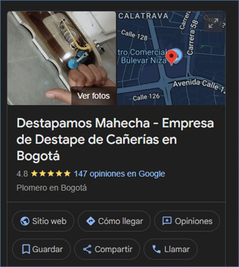 Ficha de Google Business Profile de Destapamos Mahecha