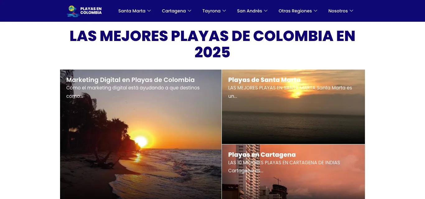 Página principal de playasencolombia.com con menú por destino: Santa Marta, Cartagena, Tayrona, San Andrés y otras regiones