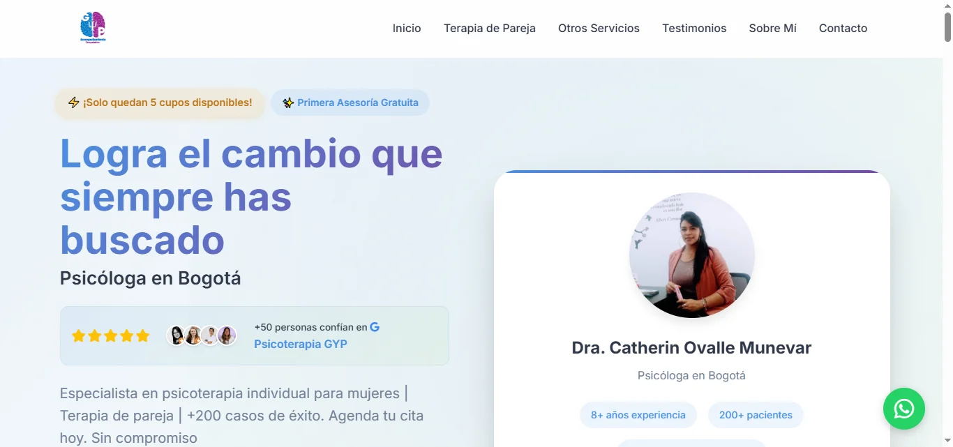 Portafolio web: psicoterapiagyp.com diseñada con UX profesional y SEO para terapeutas en Bogotá