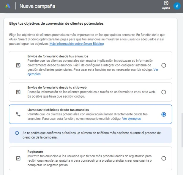 objetivo de llamadas clientes potenciales de google ads