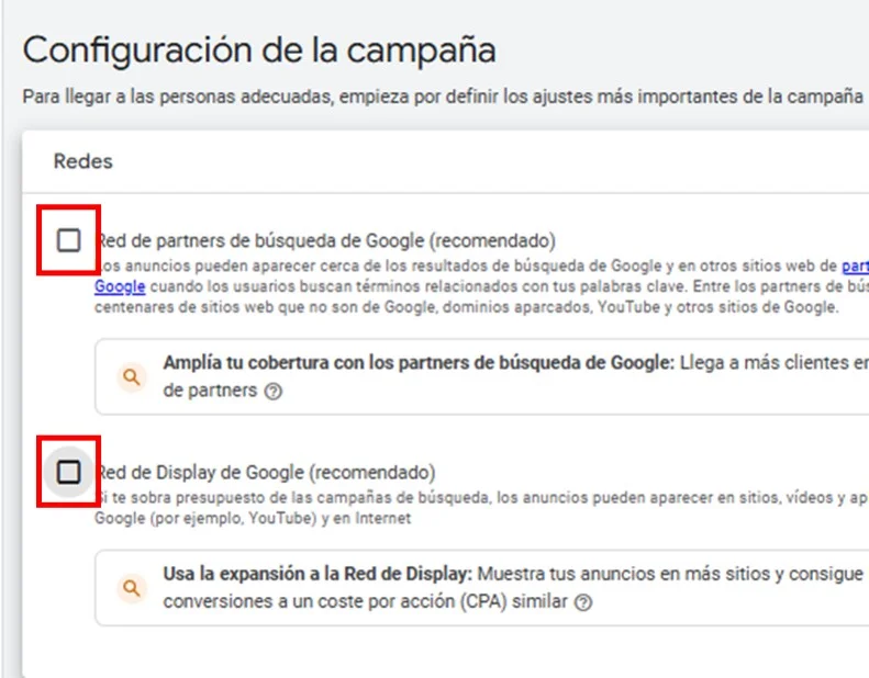 no seleccionar casillas de redes en google ads