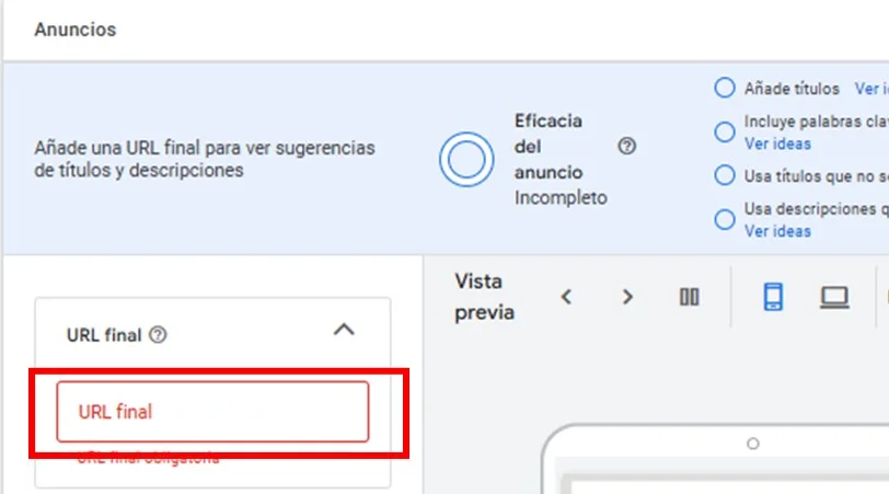 escribir url para anuncio en google ads