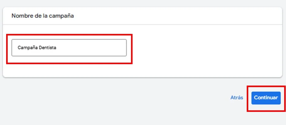 nombre de la campaña en google ads dentista