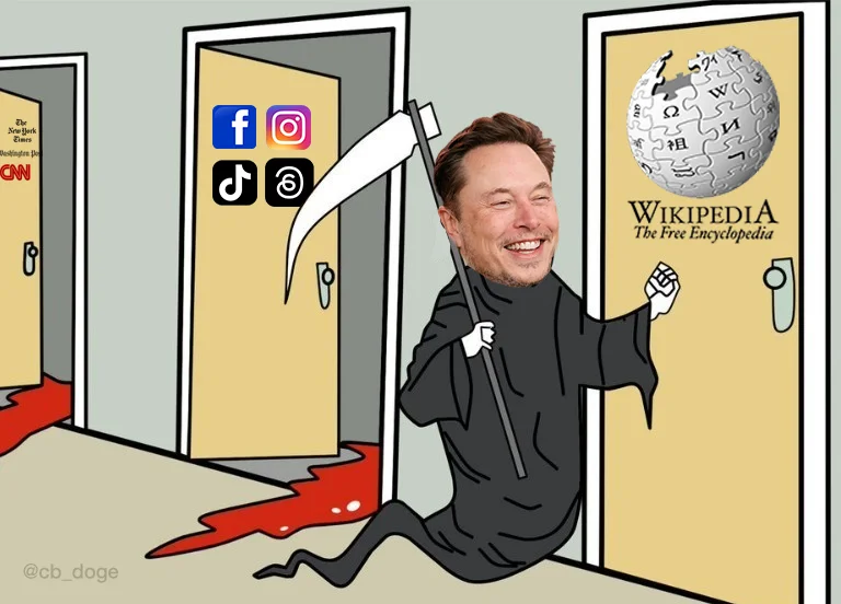 meme de grokipedia. Elon musk pasa de puerta a puerta como la parca dejando atras redes sociales y ahora apuntando a wikipedia